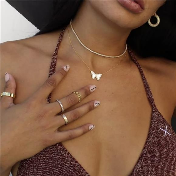 14K Gold Tennis Necklace: Rhinestone Butterfly Choker - Picture 3 of 7